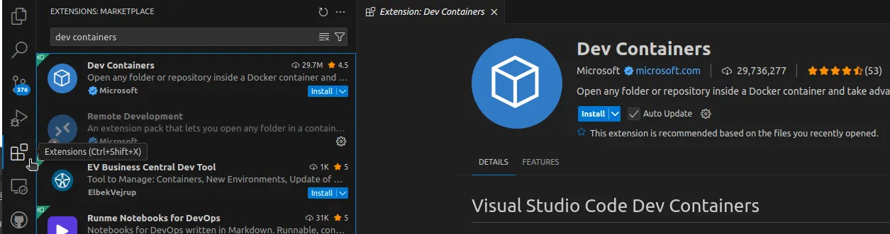 dev containers extension